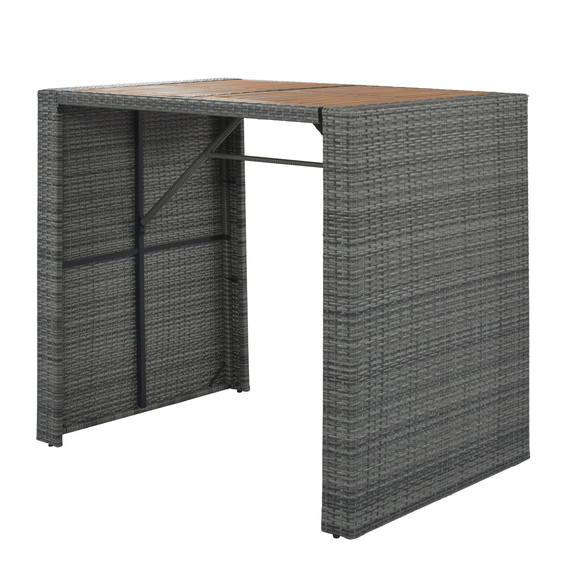 GO 5-pieces Outdoor Patio Wicker Bar Set, Bar Height Chairs With Non-Slip Feet And Fixed Rope, Removable Cushion, Acacia Wood Table Top, Brown Wood-13