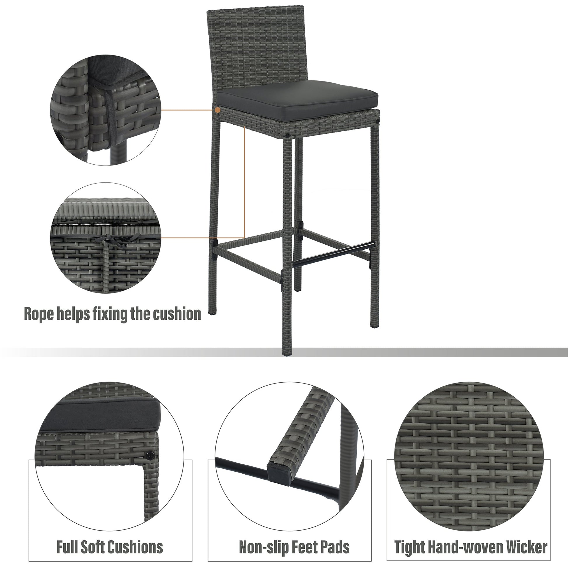 GO 5-pieces Outdoor Patio Wicker Bar Set, Bar Height Chairs With Non-Slip Feet And Fixed Rope, Removable Cushion, Acacia Wood Table Top, Brown Wood-11
