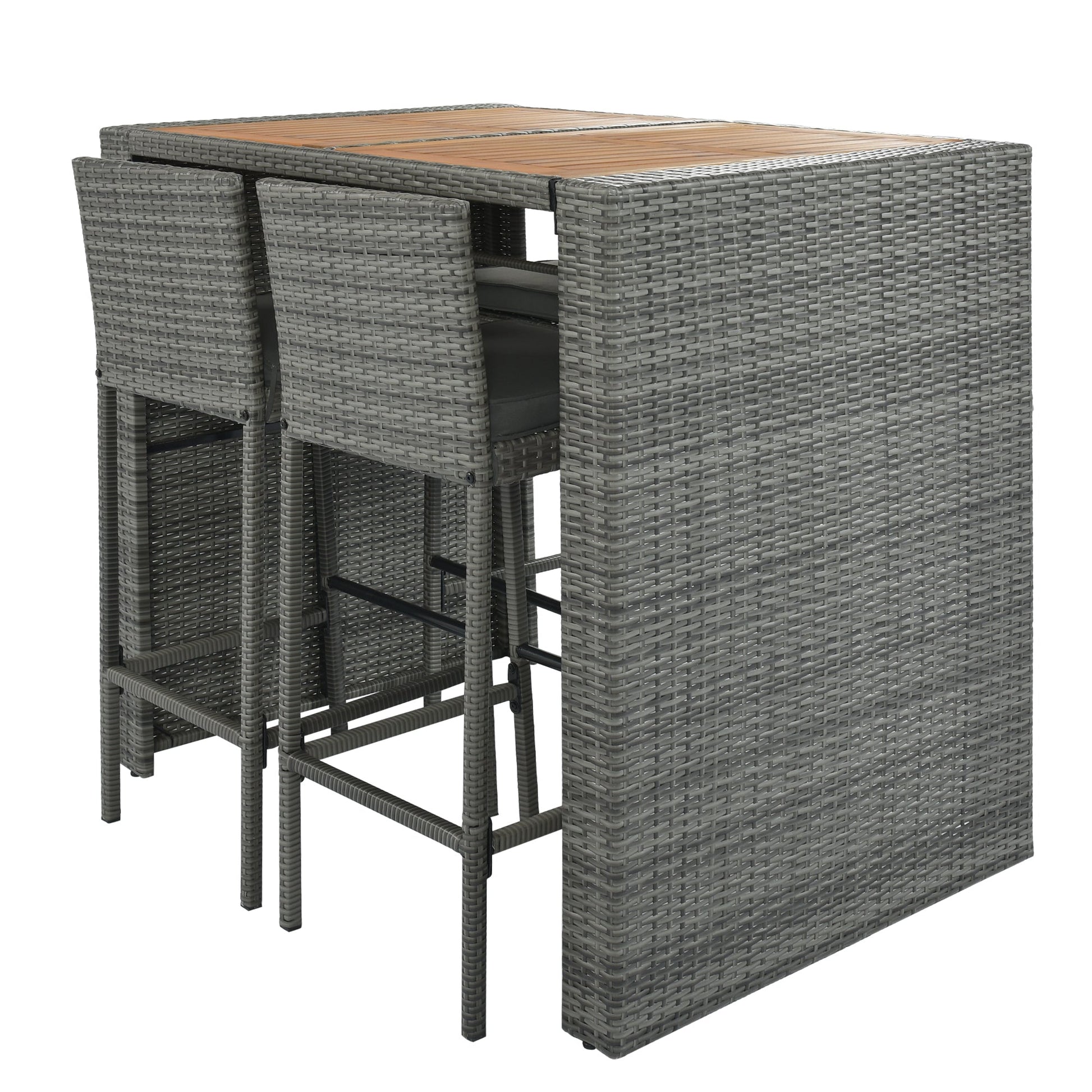 GO 5-pieces Outdoor Patio Wicker Bar Set, Bar Height Chairs With Non-Slip Feet And Fixed Rope, Removable Cushion, Acacia Wood Table Top, Brown Wood-7