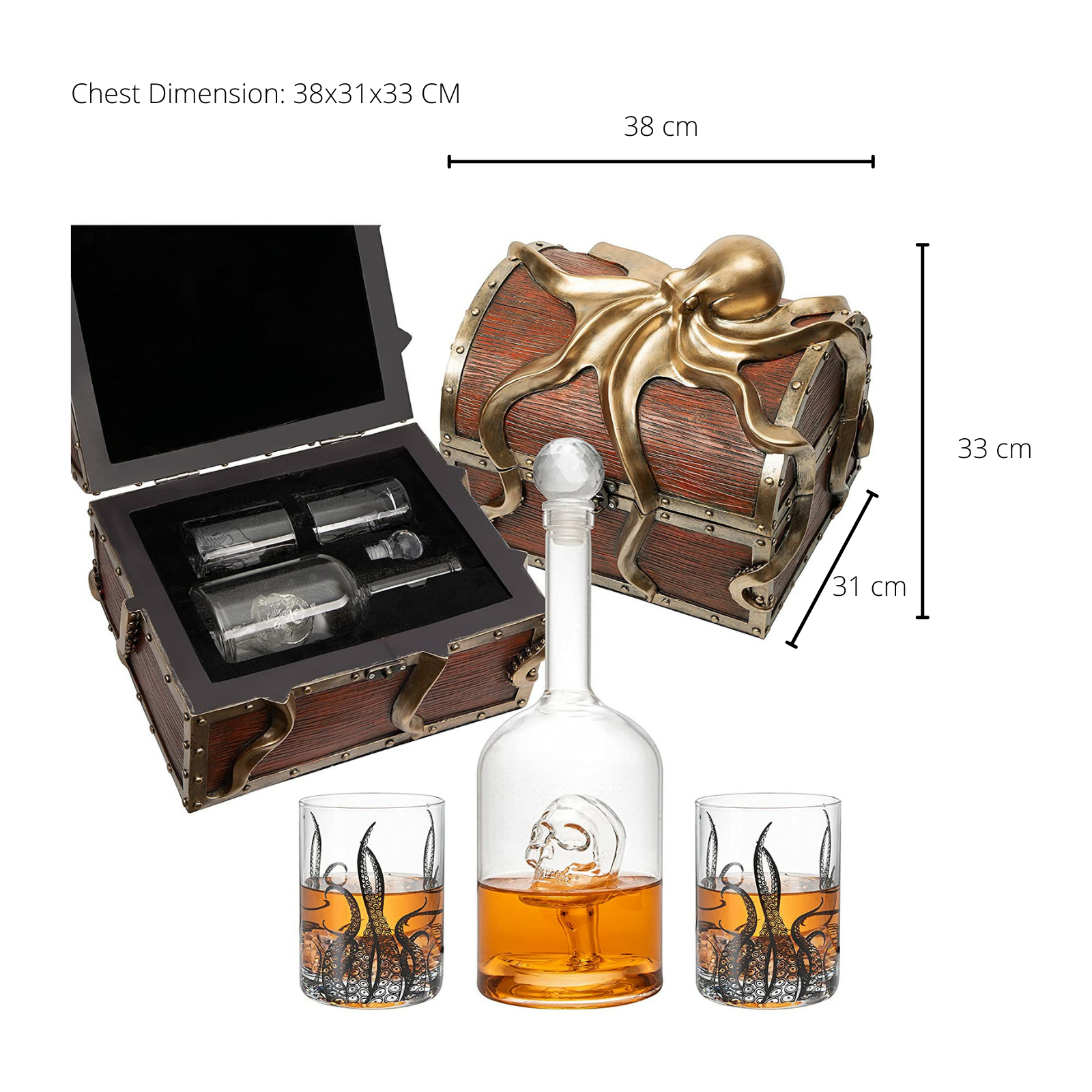 Octopus Kraken Chest Wine & Whiskey Decanter Set with 2 Glasses by The Wine Savant - Extraordinary Detail - Whiskey Gift Sets, Wine Gift Sets, Nautical Gifts, Kraken Sea, Sea Lover Gifts-5
