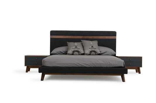 Modern Grey Fabric & Walnut Queen Bed-0