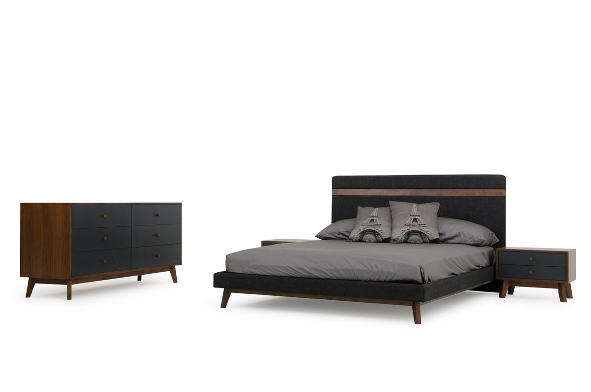 Modern Grey Fabric & Walnut Queen Bed-1
