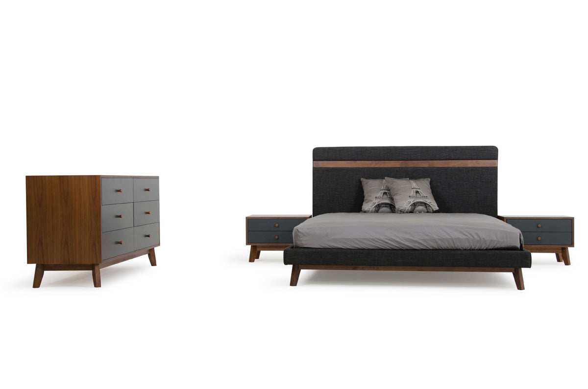 Modern Grey Fabric & Walnut Queen Bed-2
