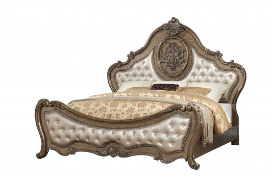 73" X 89" X 76" PU Vintage Oak Wood Upholstery Queen Bed-0