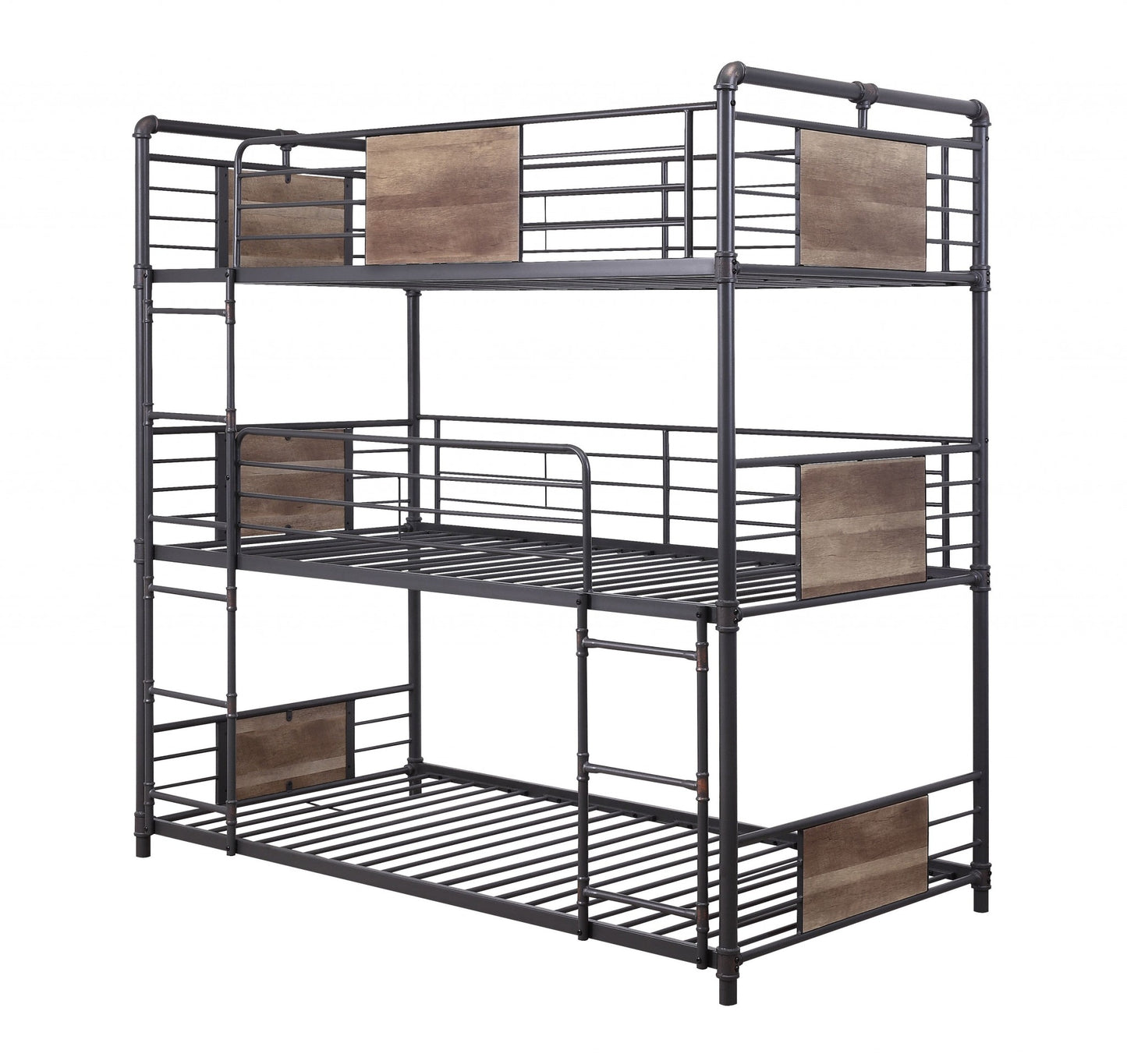 43" X 79" X 79" Sandy Black Dark Bronze HandBrushed Metal Wood Triple Bunk Bed  Twin-0