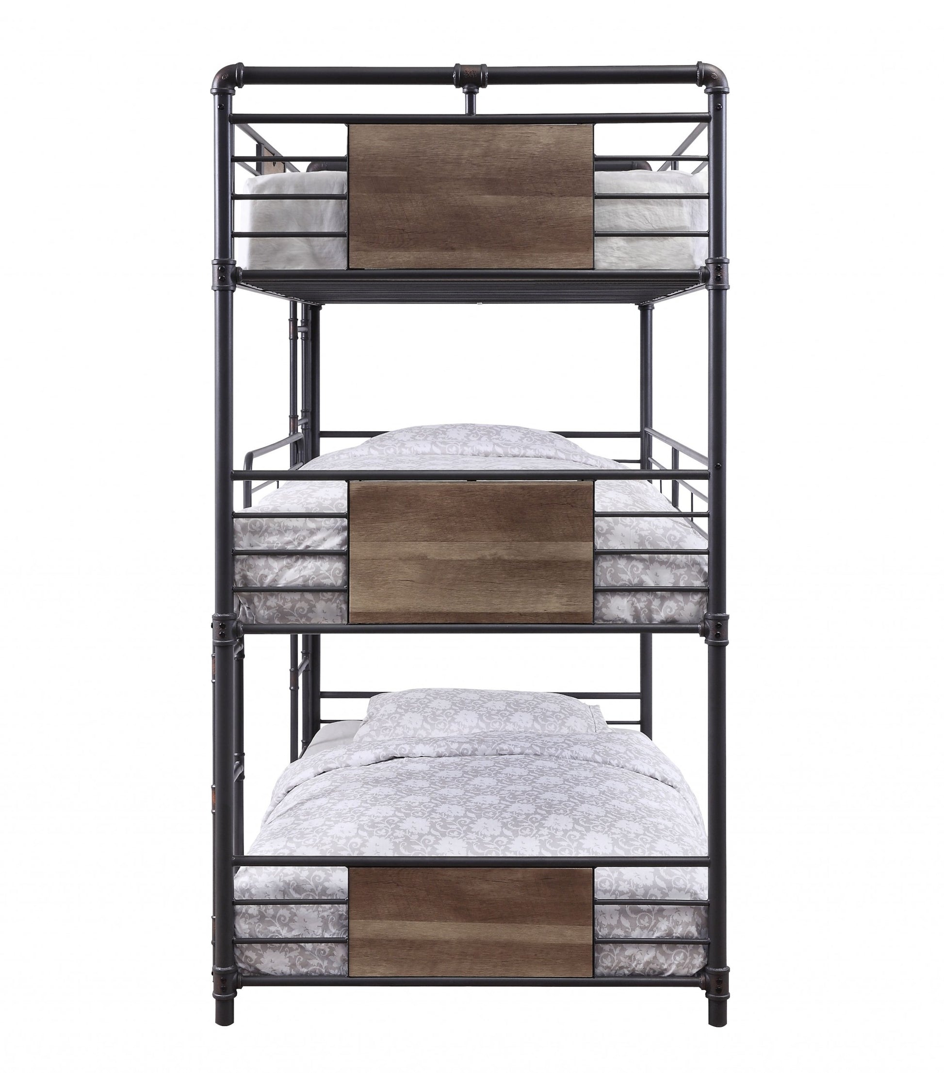 43" X 79" X 79" Sandy Black Dark Bronze HandBrushed Metal Wood Triple Bunk Bed  Twin-1