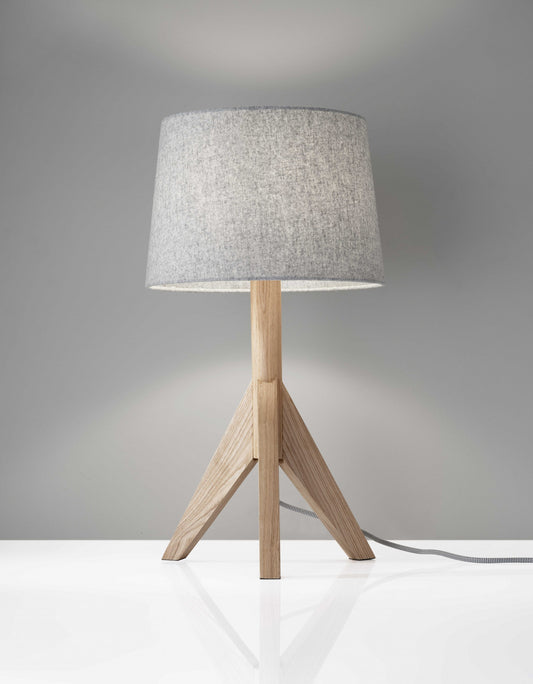 Natural Wood Tripod Base with Grey Felt Tapered Drum Shade Table Lamp-0