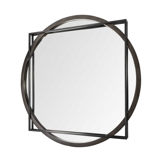 46" Round-Square Black Wood and Metal Frame Wall Mirror-0