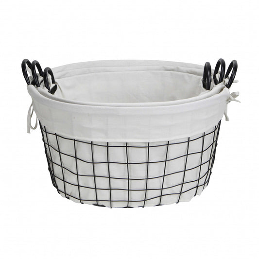 Set of 3 Oval White Lined and Metal Wire Baskets with Handles-0