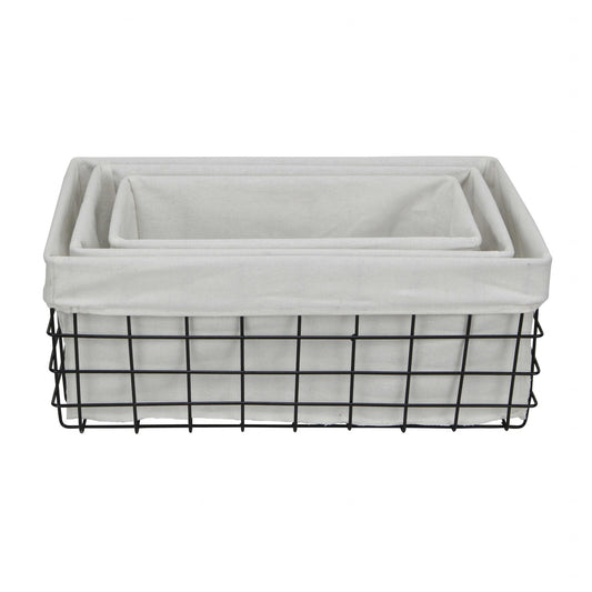 Set of 3 Rectangular White Lined and Metal Wire Baskets-0