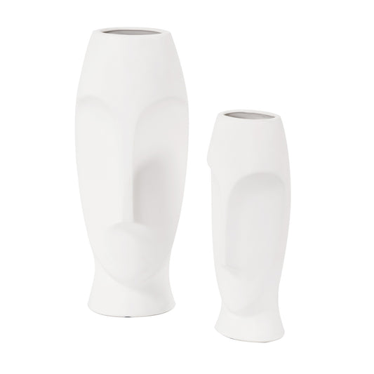 Matte White Ceramic Vase with Abstract Faces-0