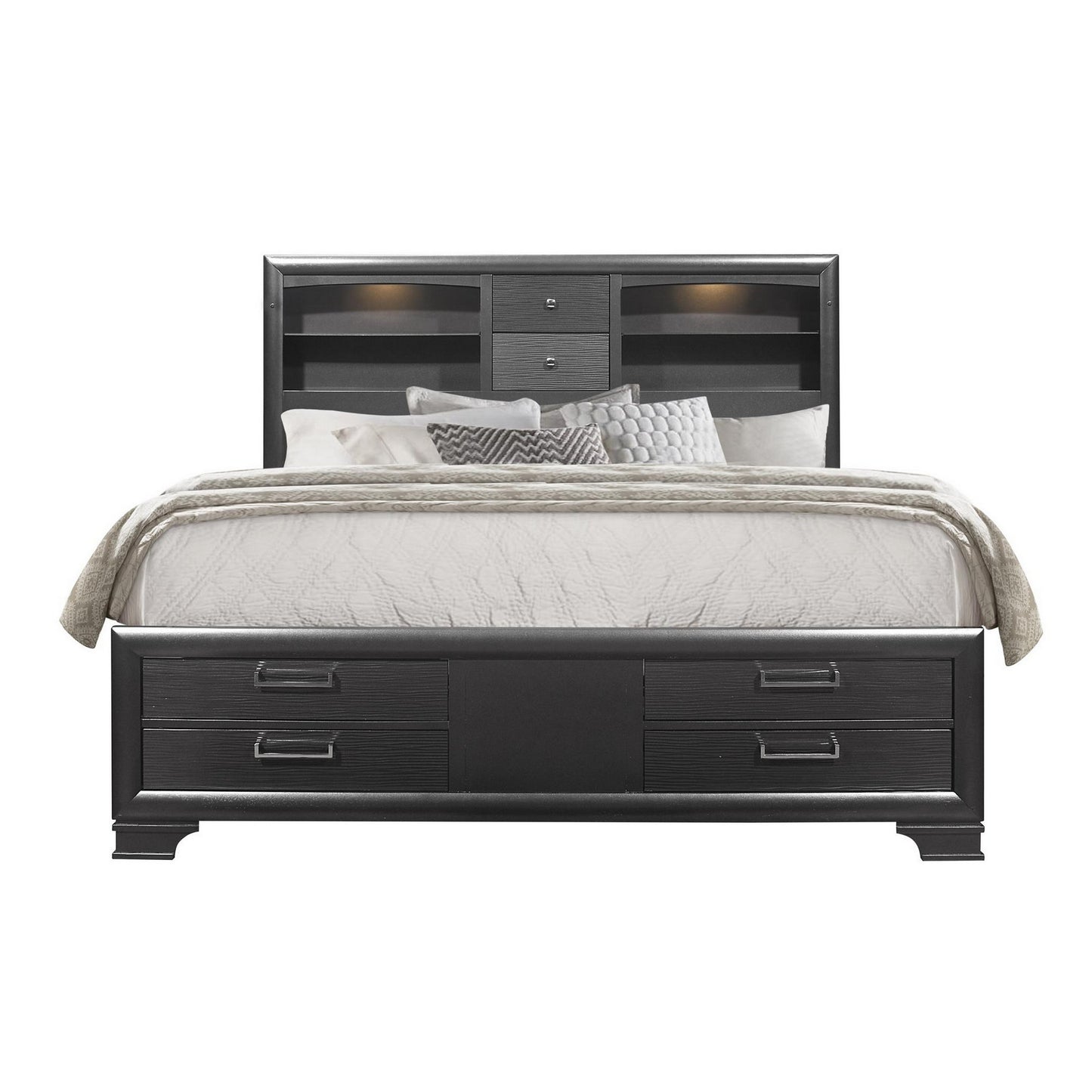 Grey Rubberwood Bed with bookshelves Headboard  LED lightning  6 Drawers-0