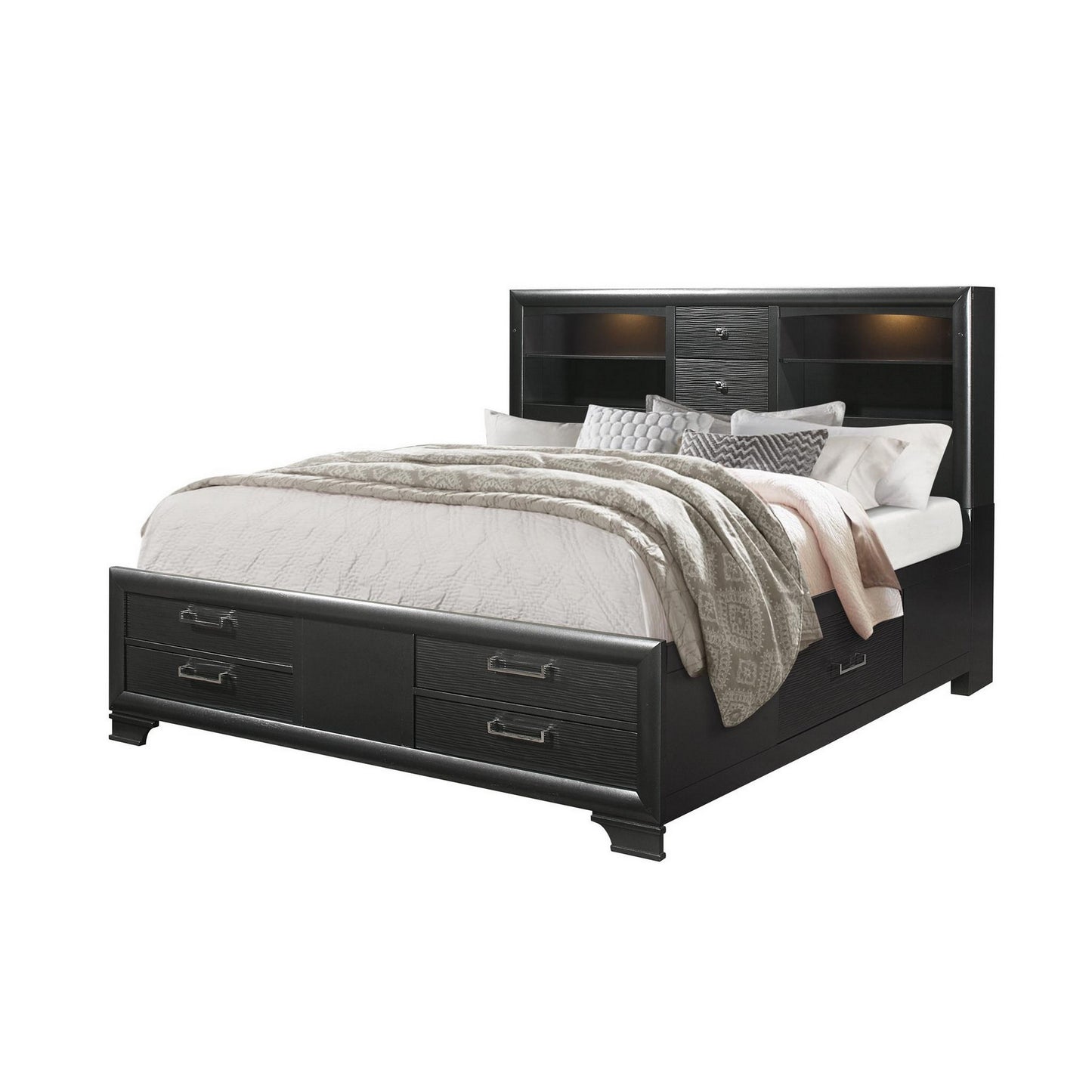 Grey Rubberwood Bed with bookshelves Headboard  LED lightning  6 Drawers-1