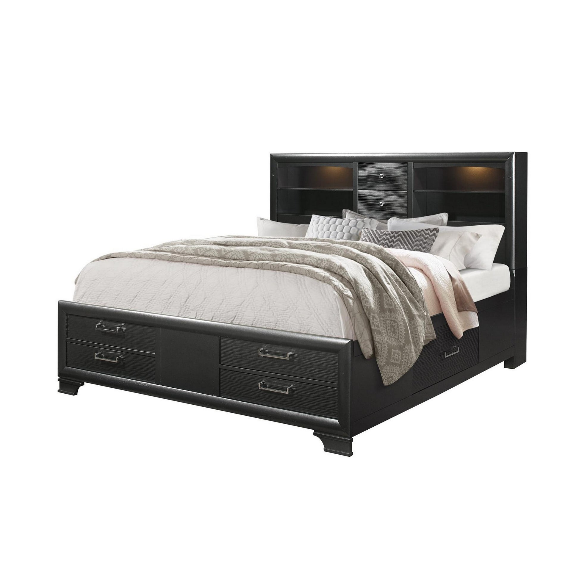 Grey Rubberwood Bed with bookshelves Headboard  LED lightning  6 Drawers-1