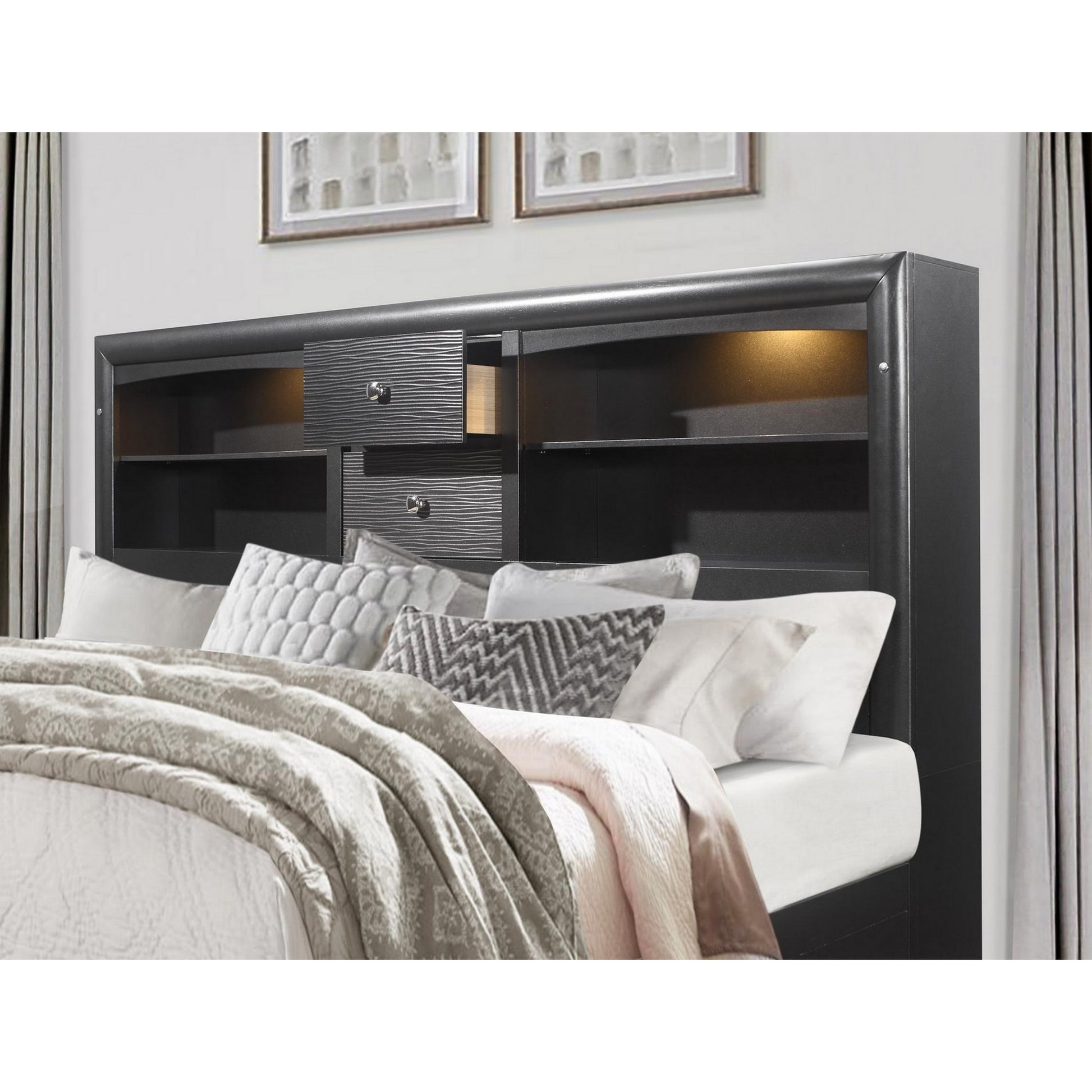 Grey Rubberwood Bed with bookshelves Headboard  LED lightning  6 Drawers-2
