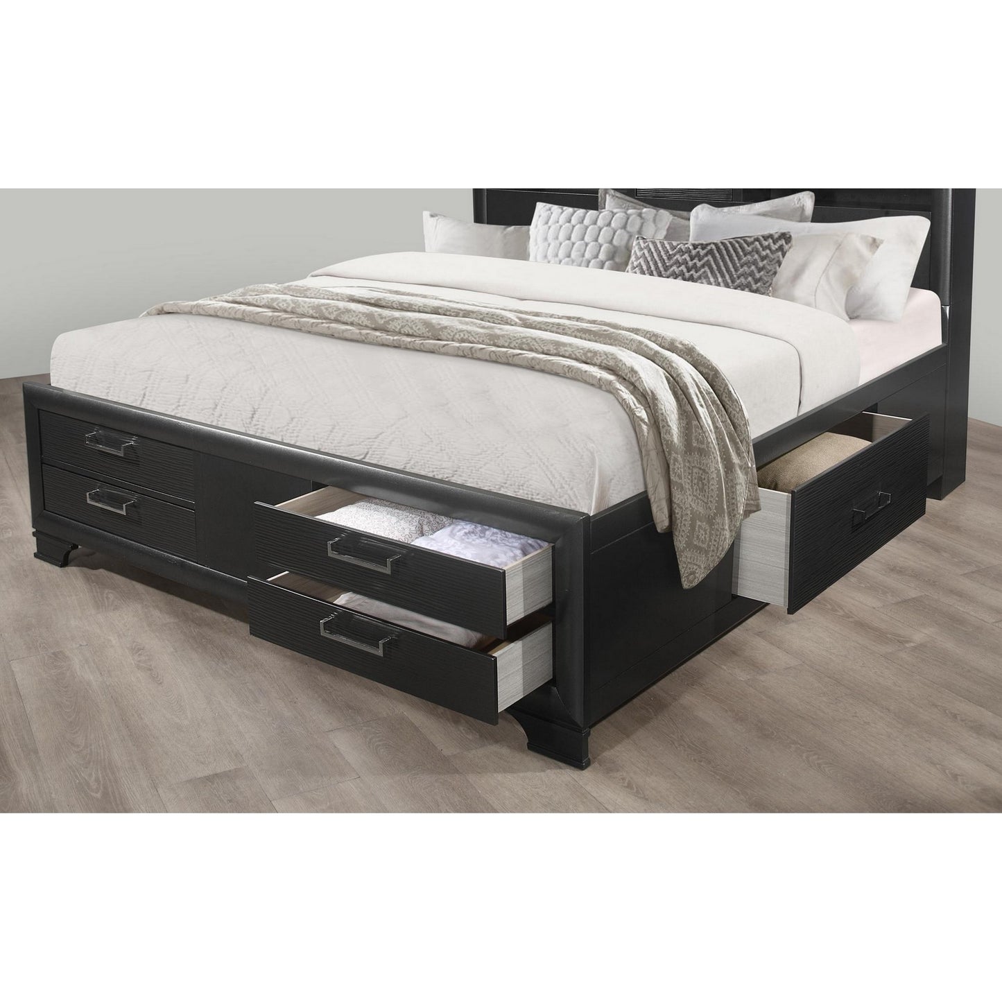 Grey Rubberwood Bed with bookshelves Headboard  LED lightning  6 Drawers-3