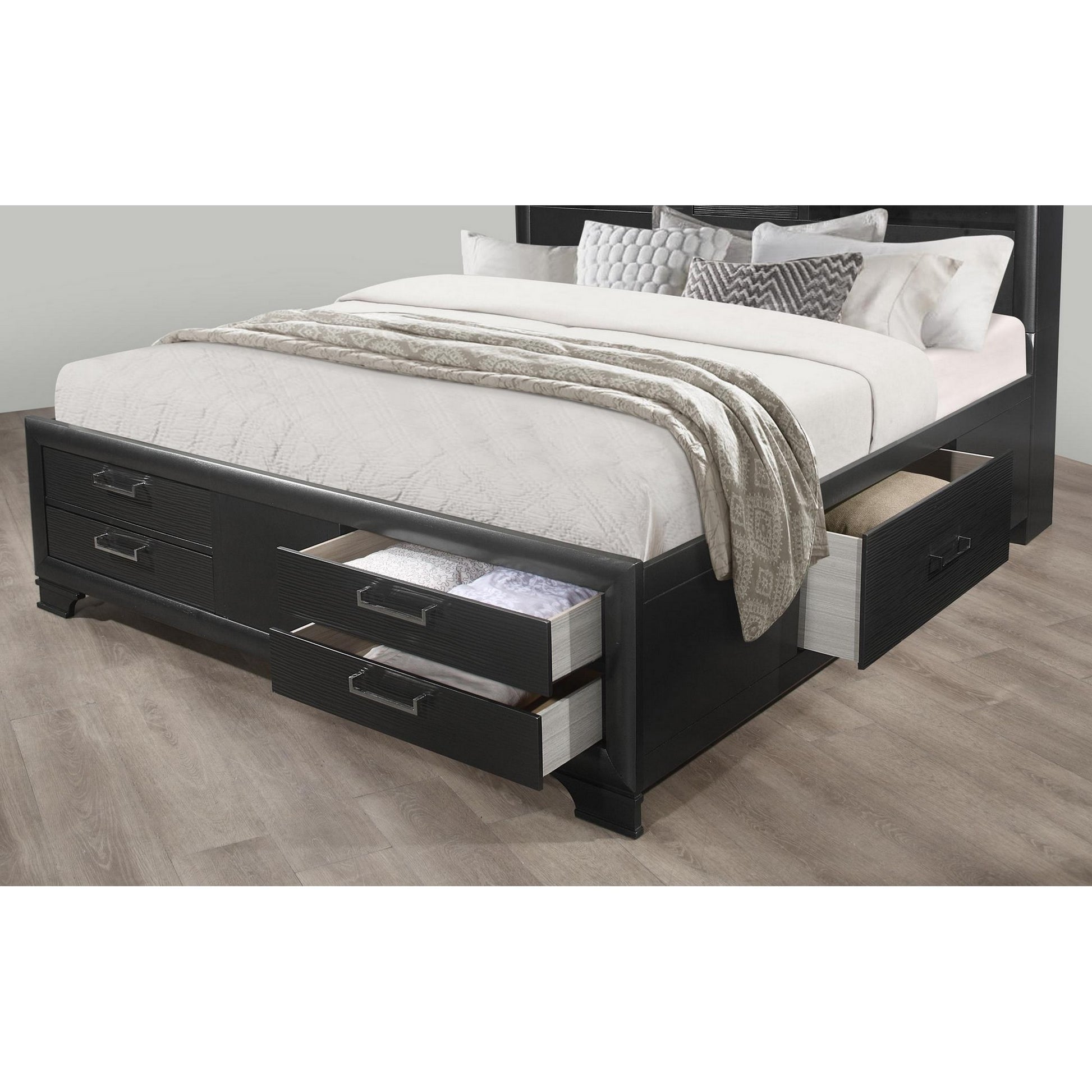 Grey Rubberwood Bed with bookshelves Headboard  LED lightning  6 Drawers-3