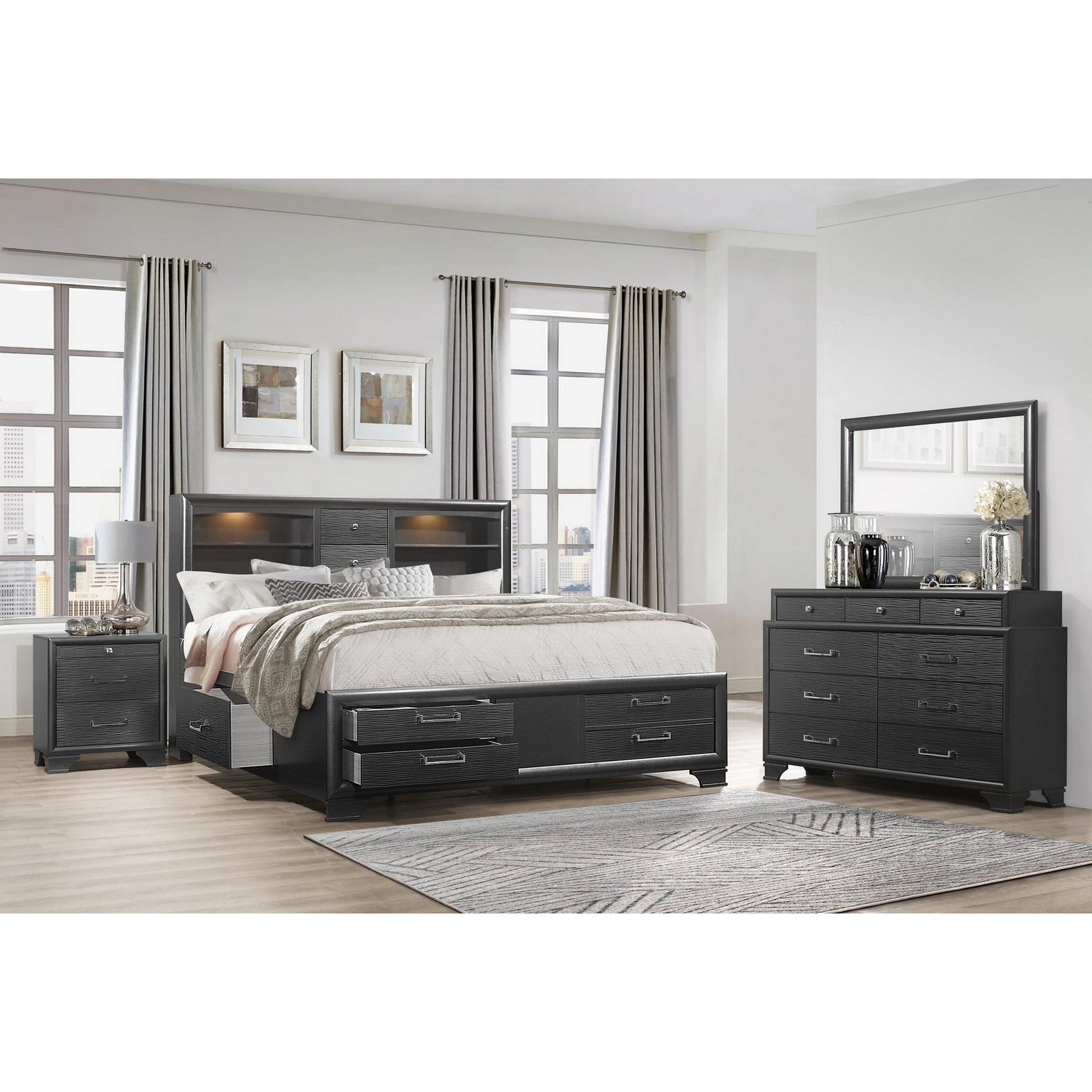 Grey Rubberwood Bed with bookshelves Headboard  LED lightning  6 Drawers-4