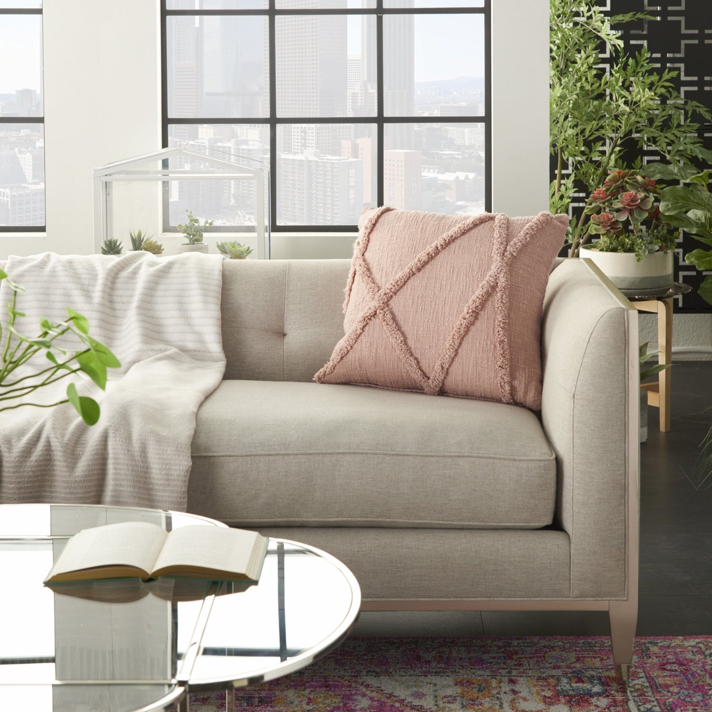 Boho Chic Blush Textured Lines Throw Pillow-2