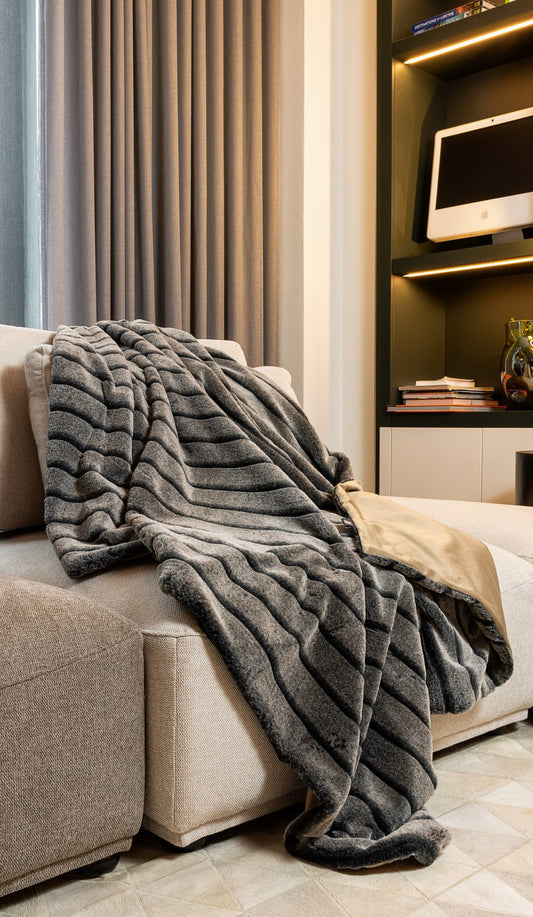 Premier Luxury Gray Stripe Faux Fur Throw Blanket-0