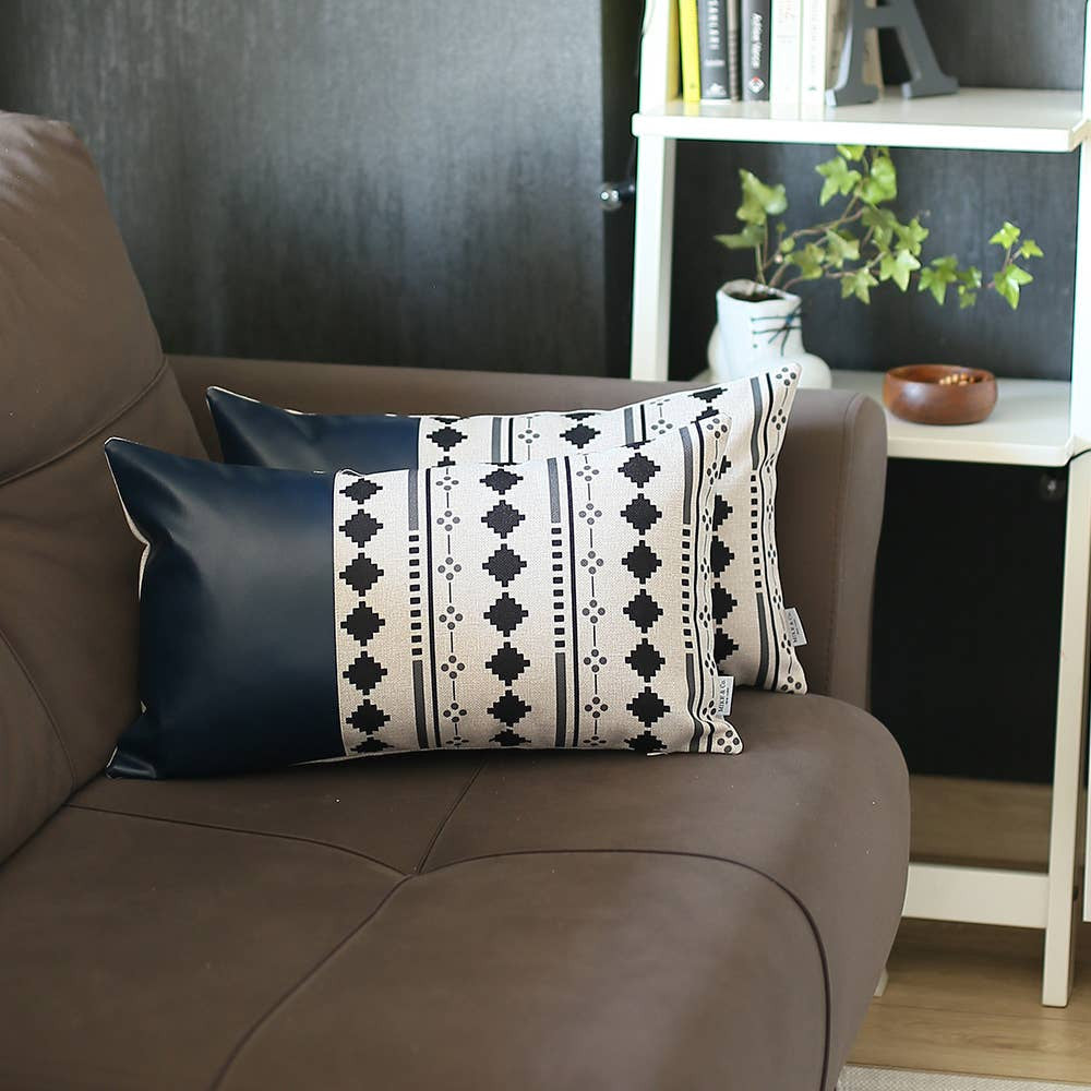 Set of 2 Diamond Patterns and Navy Blue Faux Leather Lumbar Pillow Covers-0