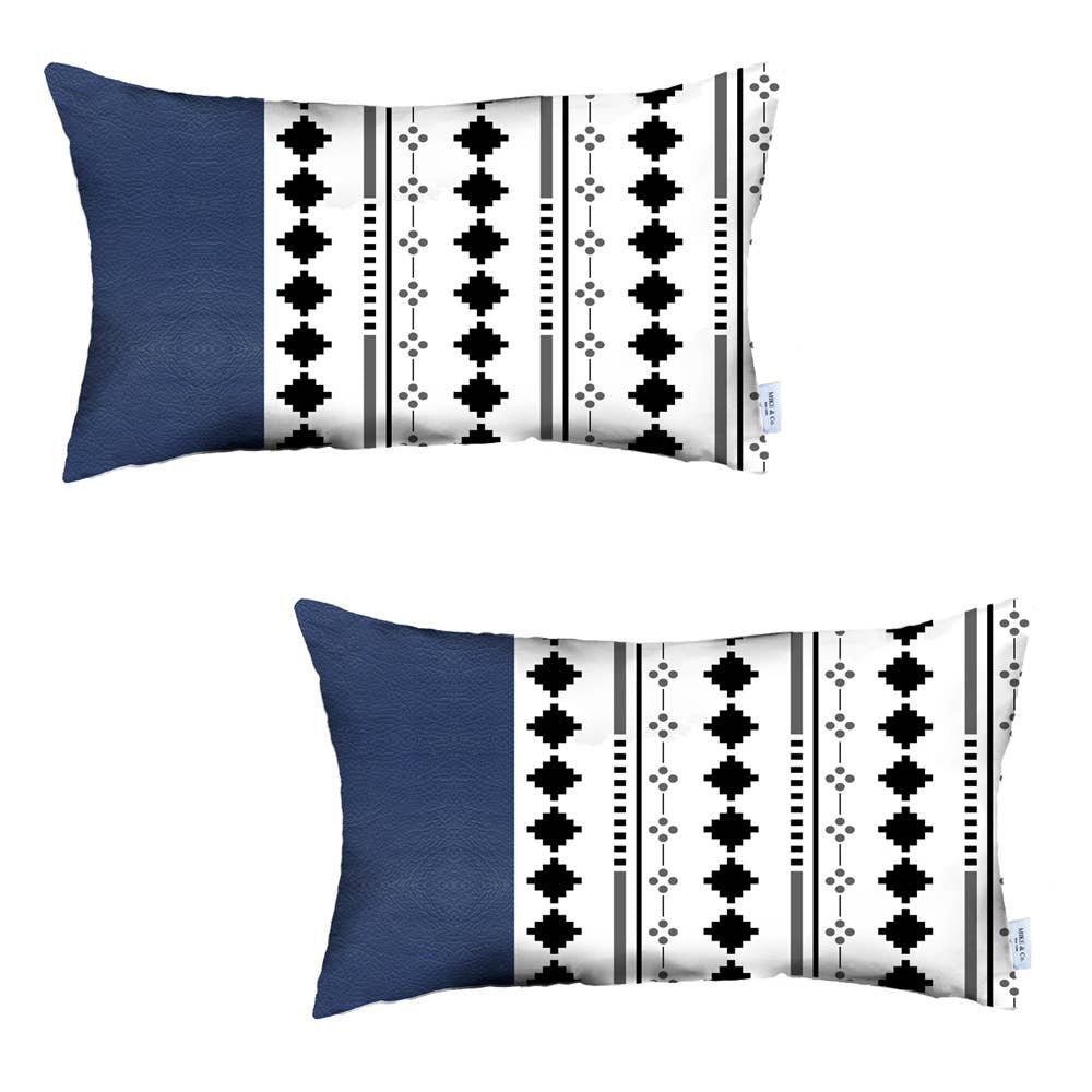 Set of 2 Diamond Patterns and Navy Blue Faux Leather Lumbar Pillow Covers-2