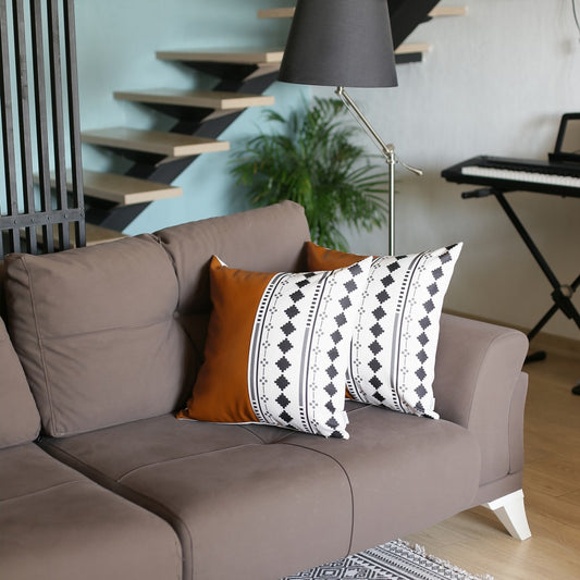 Set of 2 Half Brown Faux Leather and Diamond Patterns Lumbar Pillow Covers-0