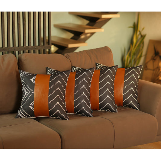 Set of 4 Black and White Geo with Faux Leather Lumbar Pillow Covers-0