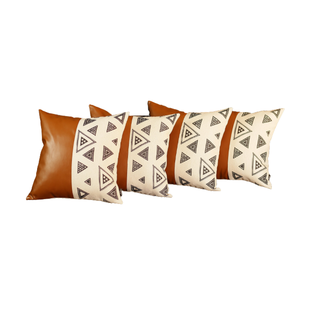 Set of 4 Triangle and Brown Faux Leather Pillow Covers-1