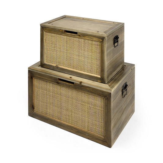 Set of Two Wood and Cane Storage Boxes-0
