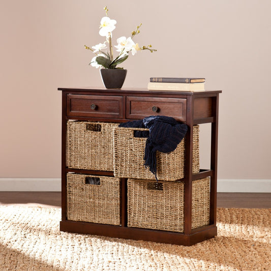 Mahogany and Seagrass Basket Storage Shelving Unit-0