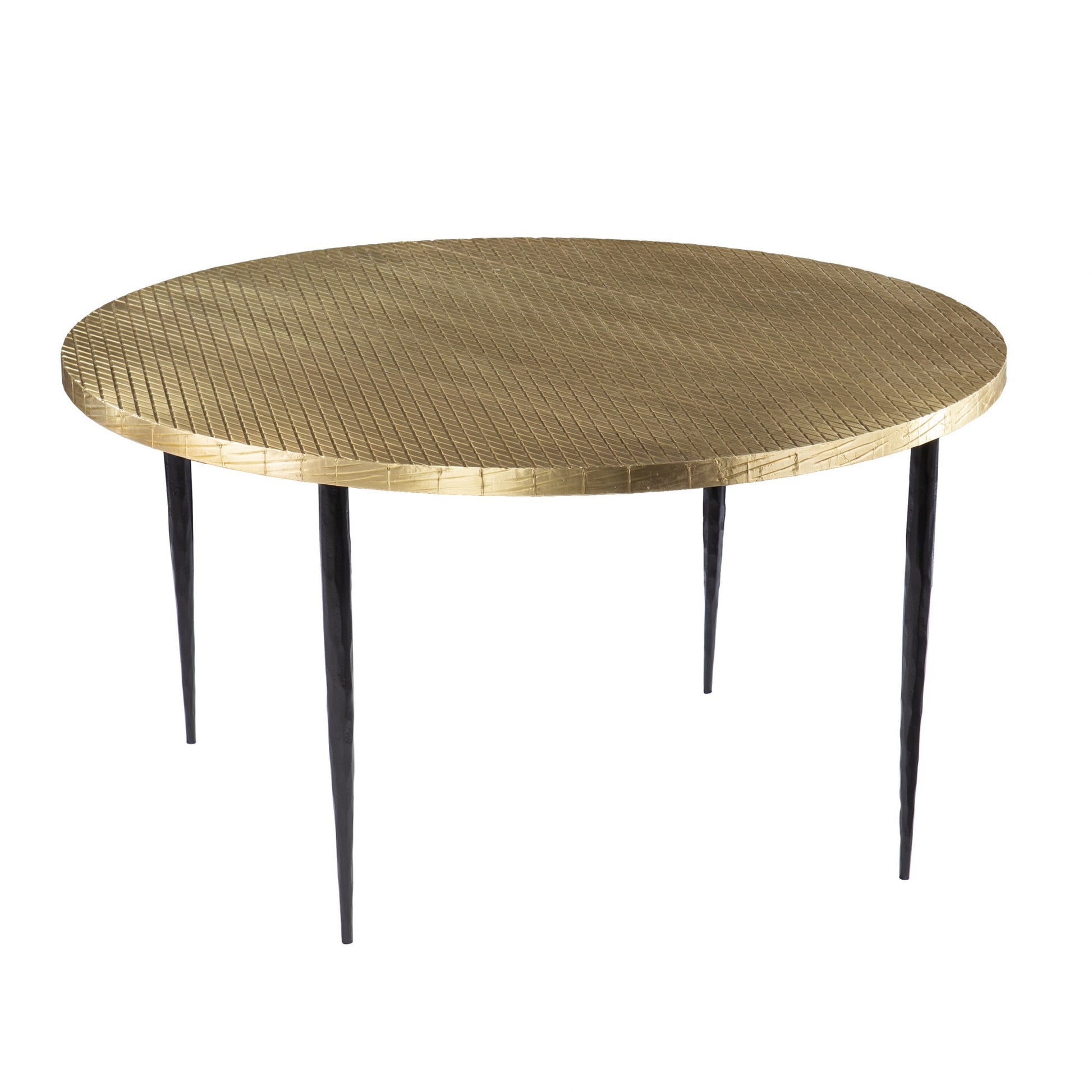 34" Black And Gold Embossed Metal Round Coffee Table-2