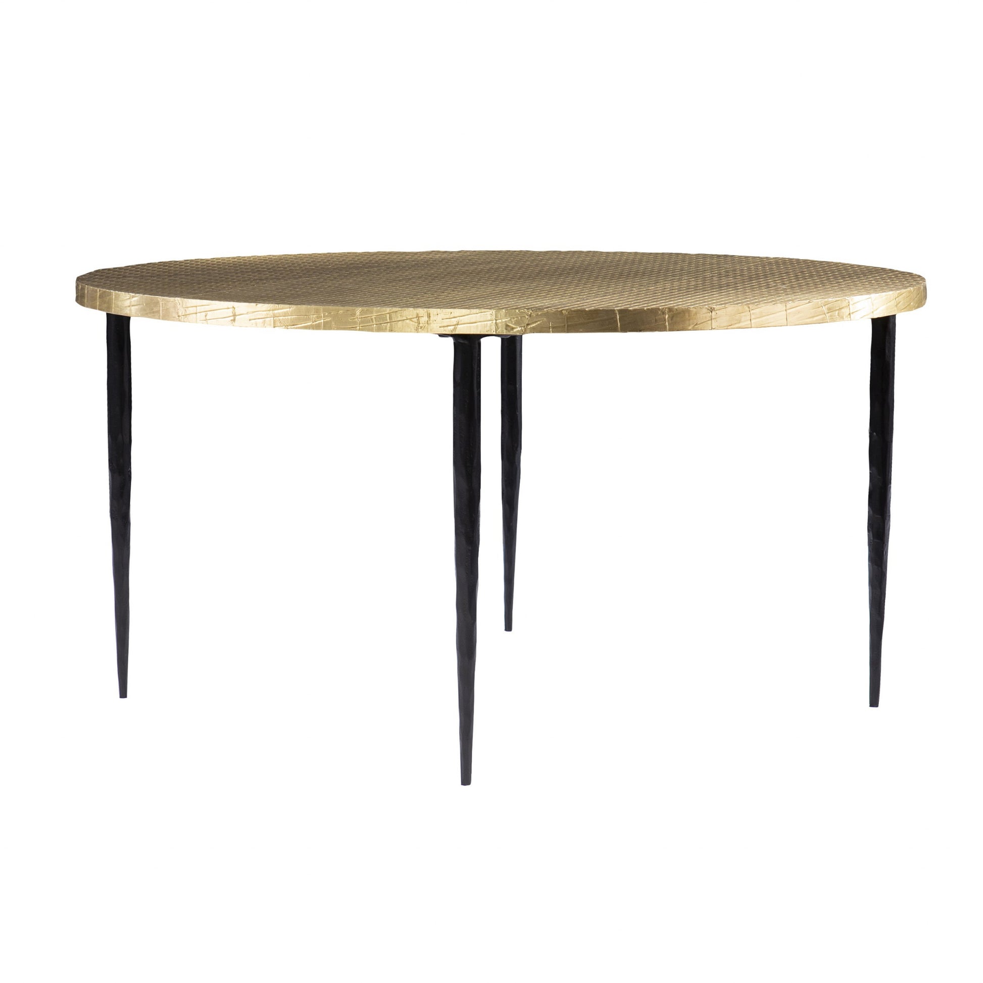 34" Black And Gold Embossed Metal Round Coffee Table-3