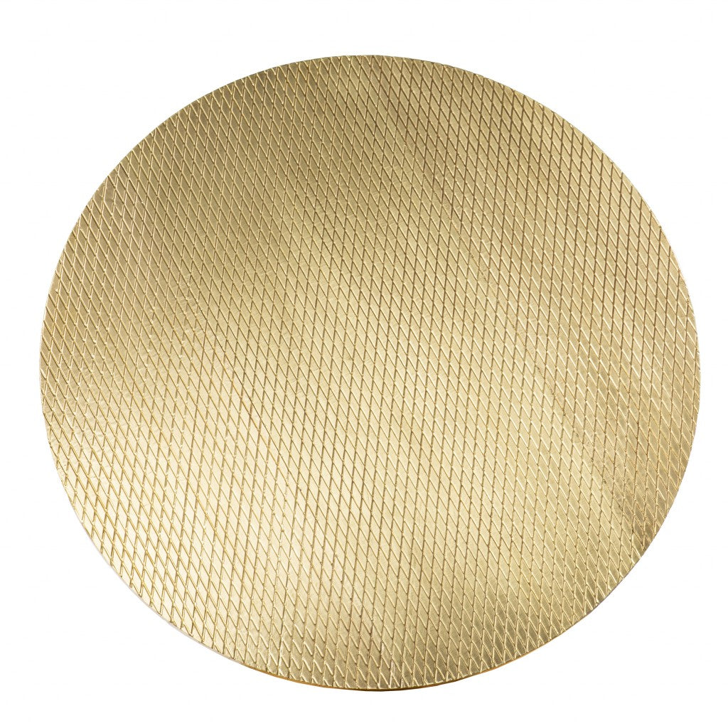 34" Black And Gold Embossed Metal Round Coffee Table-4