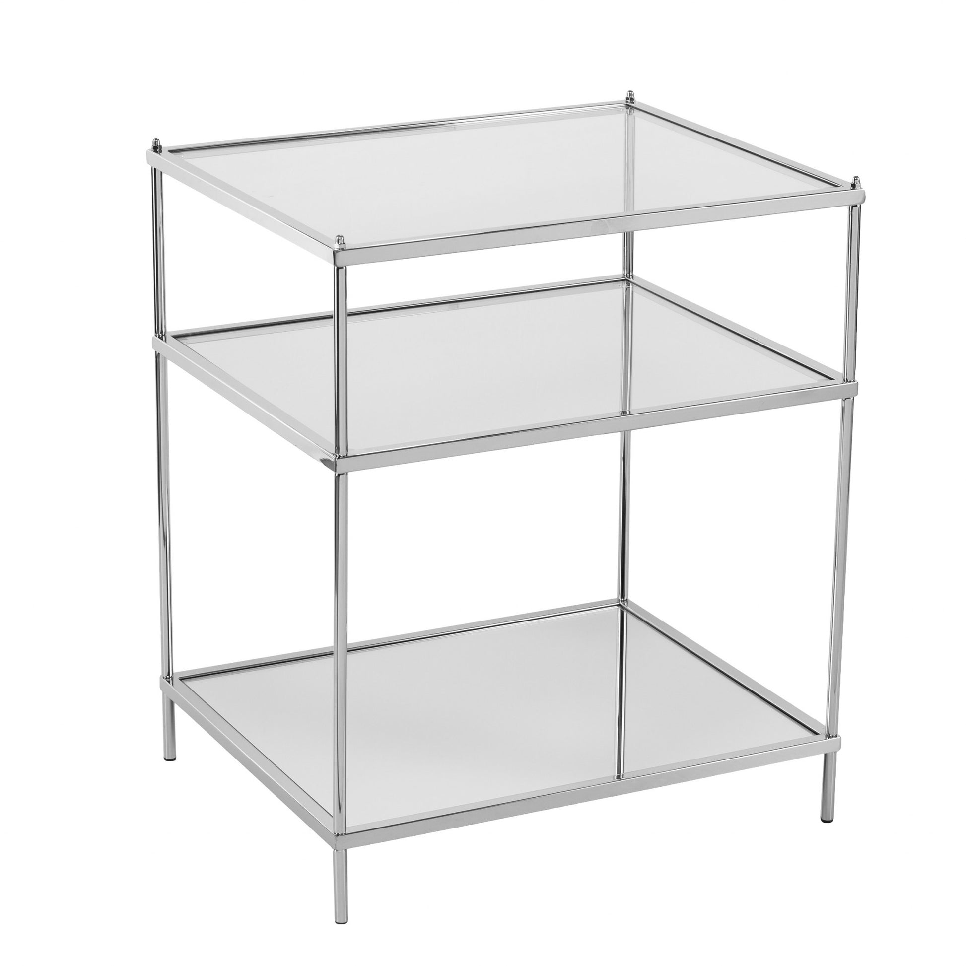 27" Chrome Glass And Iron Rectangular Mirrored End Table With Shelf-1