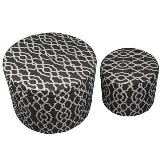 Set of Two Brown and White Lattice Round Ottomans-0
