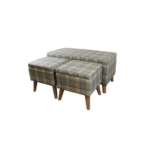 Taupe and Blue Plaid Storage Bench and Ottoman Three Piece Set-0