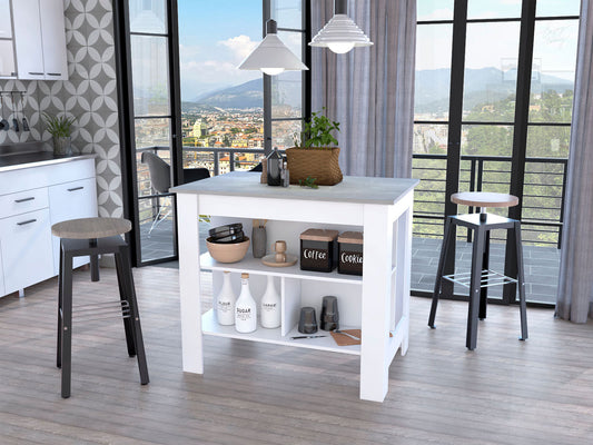 Marble and White Kitchen Island with Three Storage Shelves-0