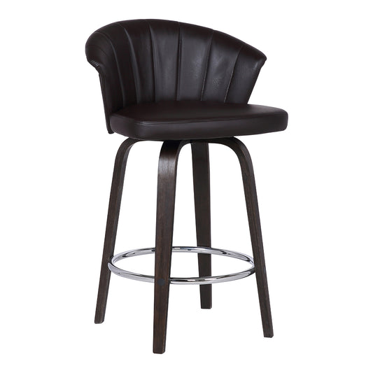 26" Dark Brown Faux Leather and Rustic Wood Back Swivel Bar Stool-0