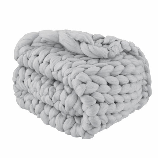 Light Grey Boho Chunky Knit Throw Blanket-0