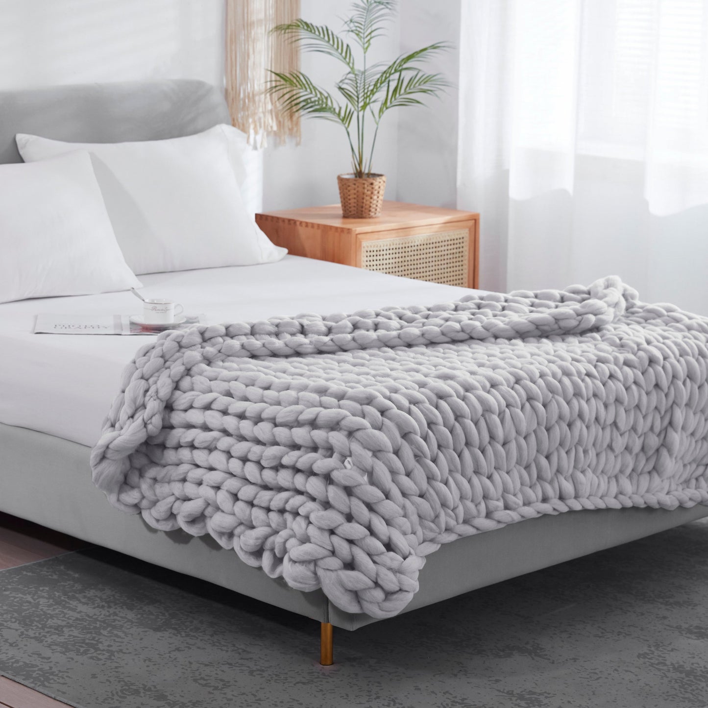 Light Grey Boho Chunky Knit Throw Blanket-2