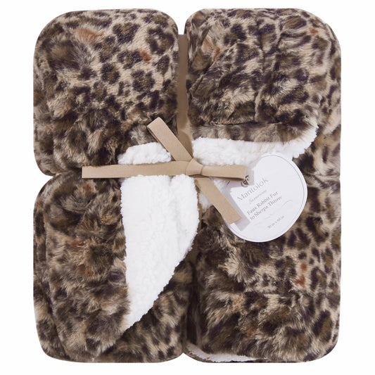 Reversible Leopard Brown Faux Rabbit Fur and Sherpa Throw Blanket-0