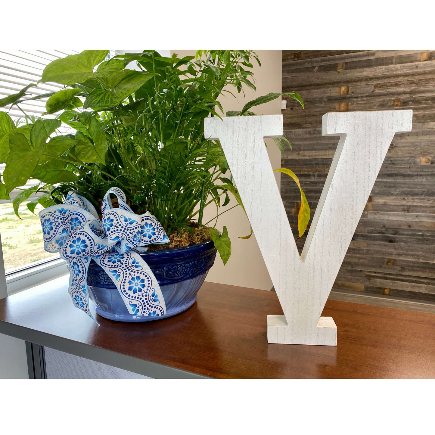 16" Distressed White Wash Wooden Initial Letter V Sculpture-1