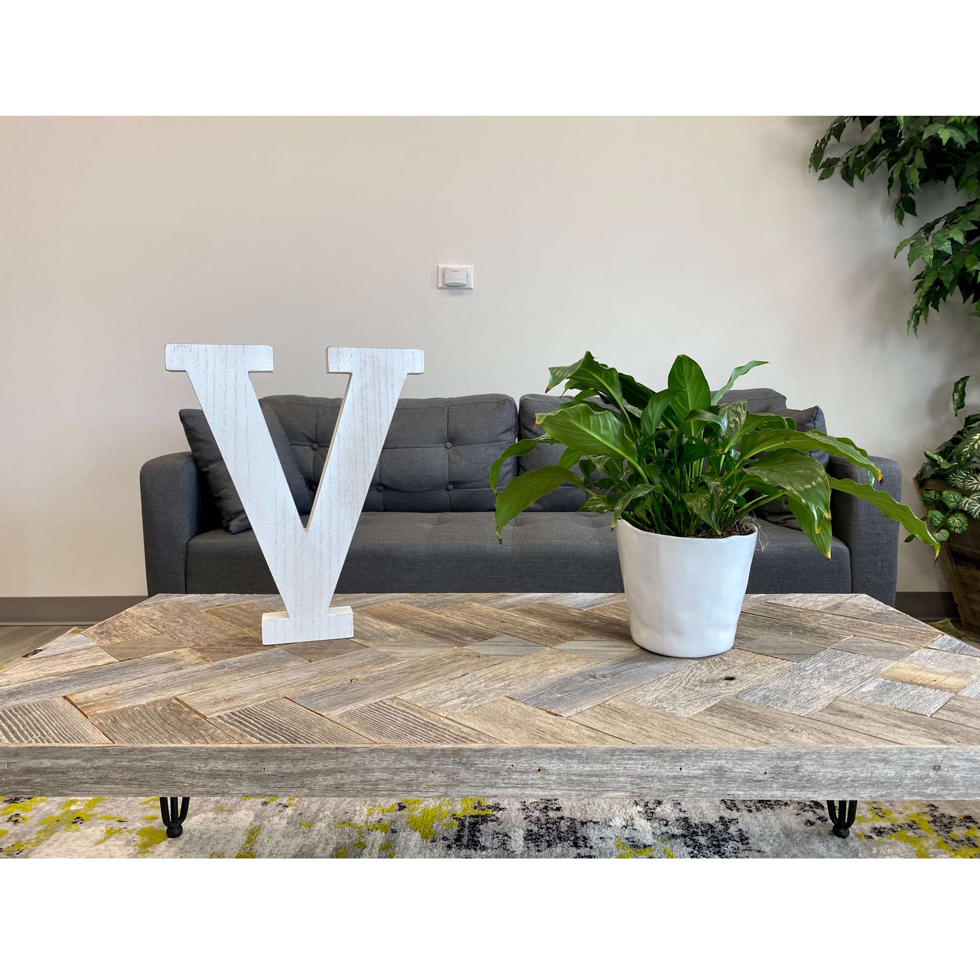 16" Distressed White Wash Wooden Initial Letter V Sculpture-2