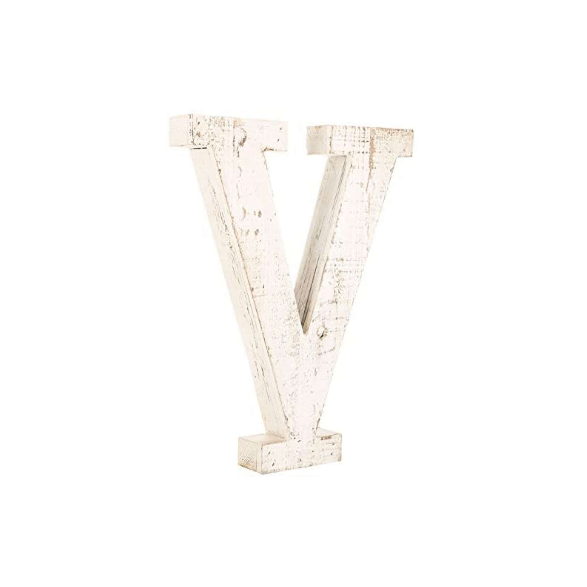 16" Distressed White Wash Wooden Initial Letter V Sculpture-3
