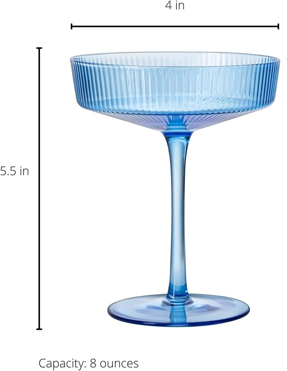 Ribbed Coupe Cocktail Glasses 8 oz | Set of 2 | Classic Manhattan Glasses For Cocktails, Champagne Coupe, Ripple Coupe Glasses, Art Deco Gatsby Vintage, Crystal with Stems (Blue, Set of 2)-5