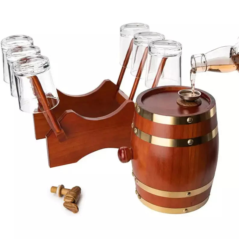 Barrel Decanter with 6 Whiskey Glasses by The Wine Savant - 1000 mL Mahogany Wood Old Fashioned Classic Whiskey Decanter Set, Gifts for Him, Father's Day, Gift Ideas-4