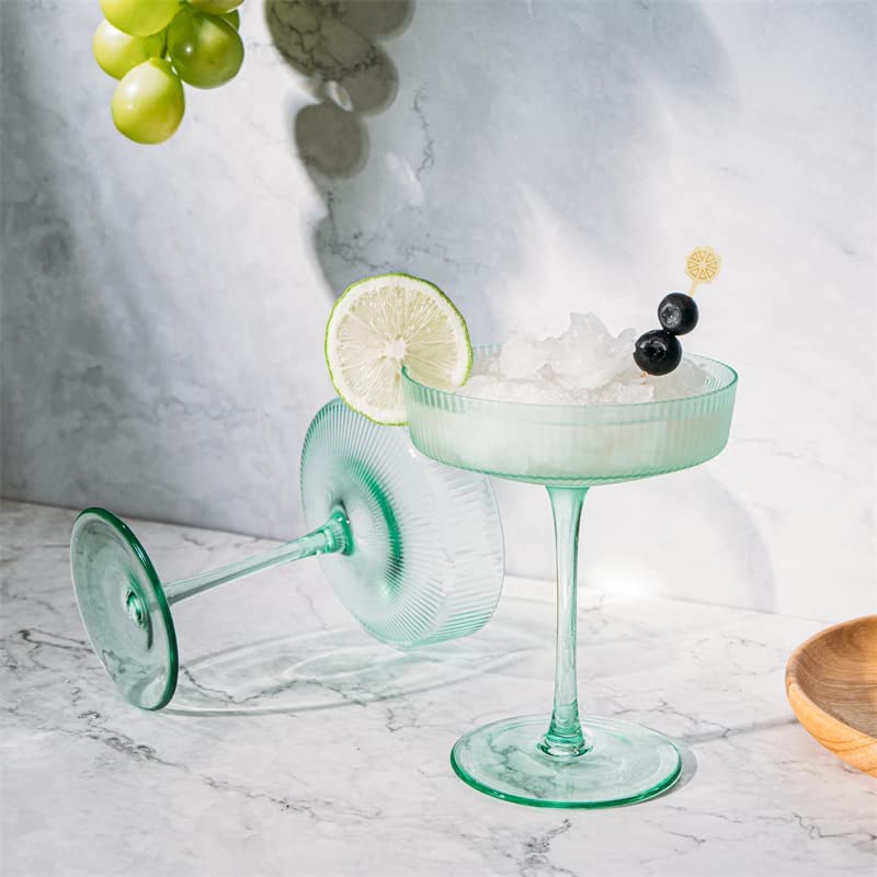 Ribbed Coupe Cocktail Glasses 8 oz | Set of 2 | Classic Manhattan Glasses For Cocktails, Champagne Coupe, Ripple Coupe Glasses, Art Deco Gatsby Vintage, Crystal with Stems (Green, Set of 2)-2