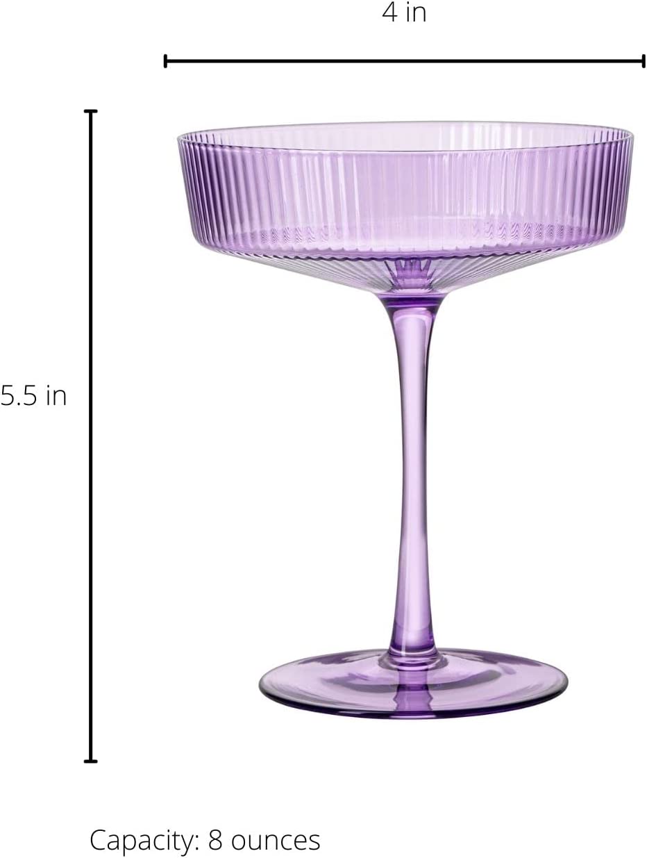 Ribbed Coupe Cocktail Glasses 8 oz | Set of 2 | Classic Manhattan Glasses For Cocktails, Champagne Coupe, Ripple Coupe Glasses, Art Deco Gatsby Vintage, Crystal with Stems (Lavender, Set of 2)-6