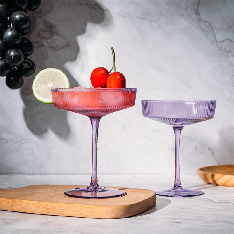 Ribbed Coupe Cocktail Glasses 8 oz | Set of 2 | Classic Manhattan Glasses For Cocktails, Champagne Coupe, Ripple Coupe Glasses, Art Deco Gatsby Vintage, Crystal with Stems (Lavender, Set of 2)-1